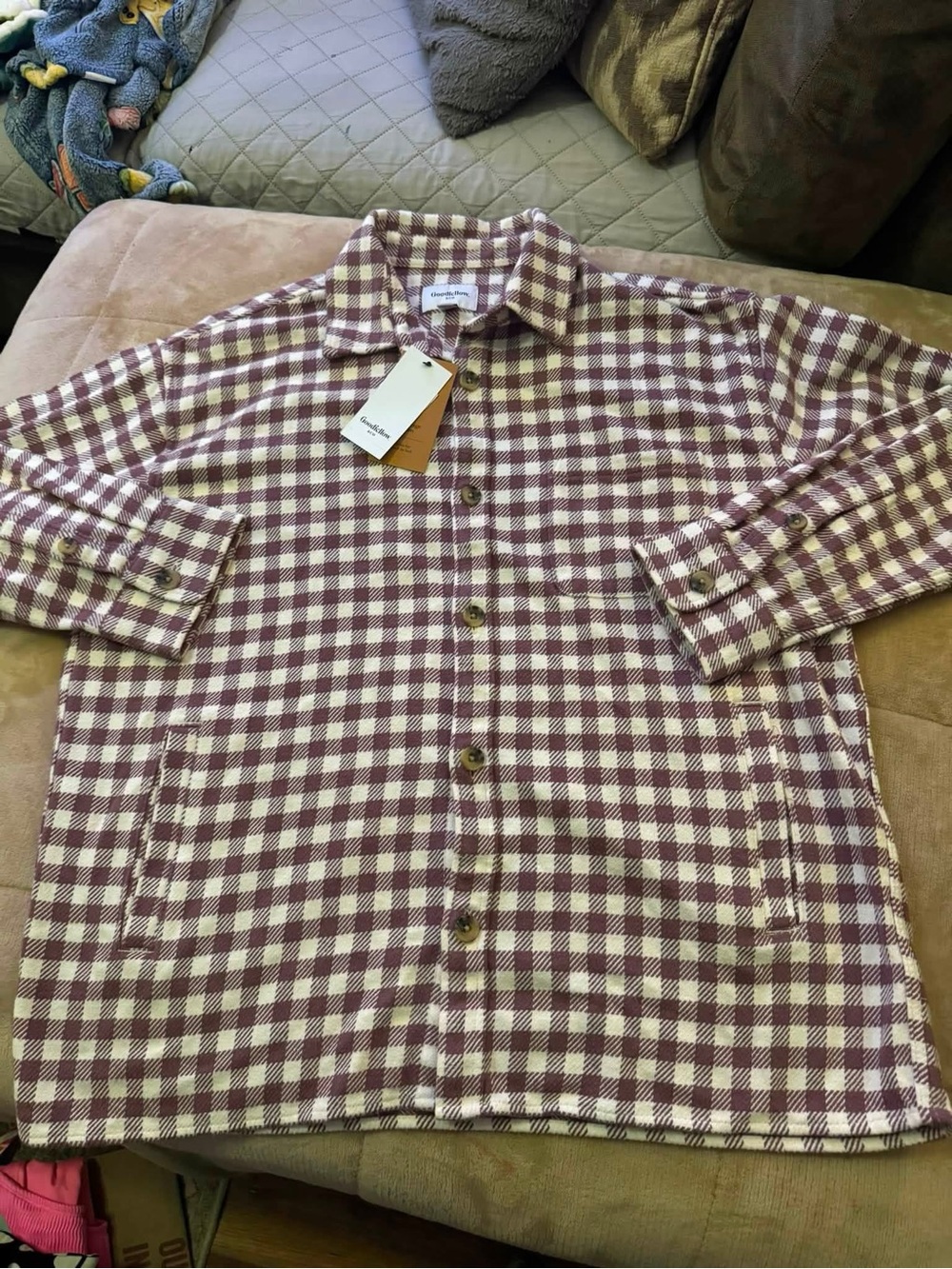 Goodfellow & Co Men’s Burgundy and White Check Button-Down Flannel Shirt Jacket